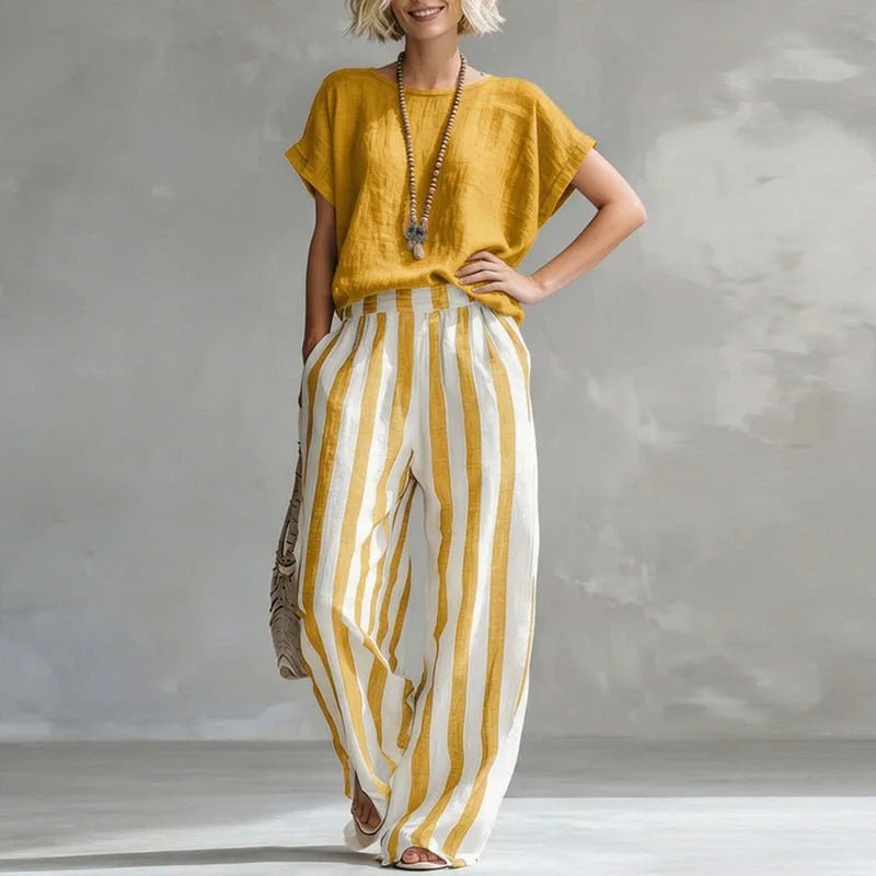 Camille | Linen Blend Short Sleeve Top Striped Wide Leg Pants Two Piece Set