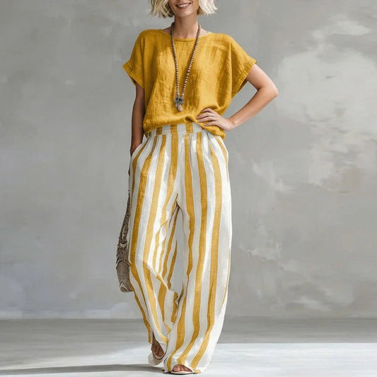 Camille | Linen Blend Short Sleeve Top Striped Wide Leg Pants Two Piece Set