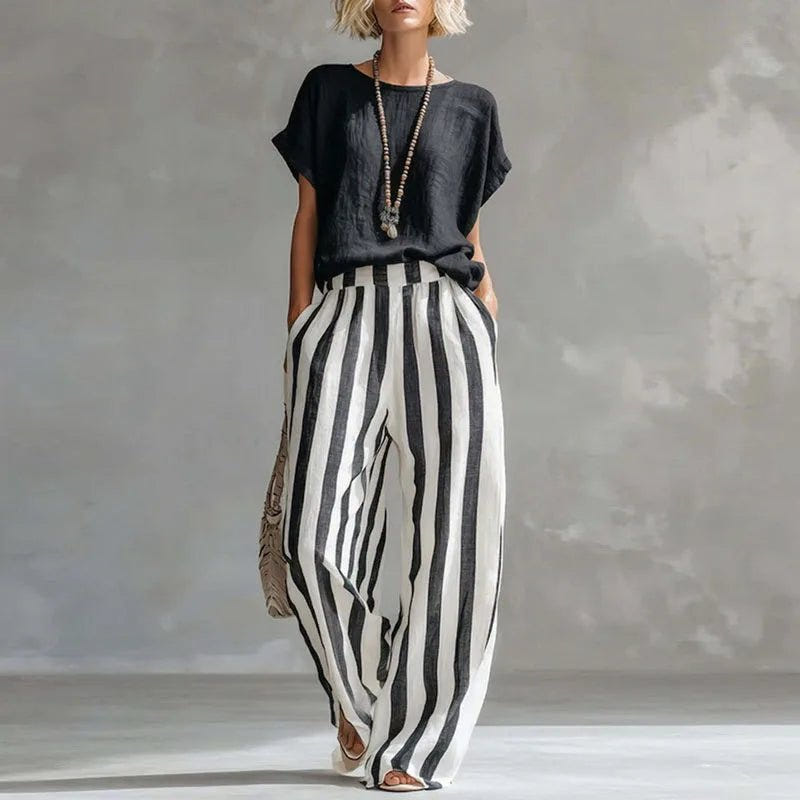 Camille | Linen Blend Short Sleeve Top Striped Wide Leg Pants Two Piece Set