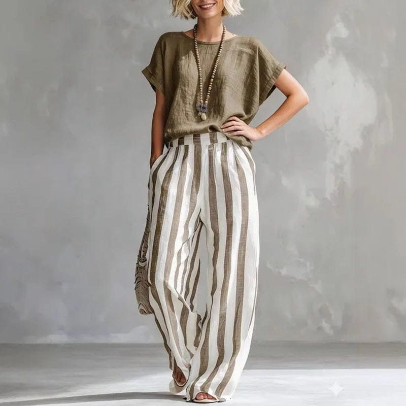 Camille | Linen Blend Short Sleeve Top Striped Wide Leg Pants Two Piece Set