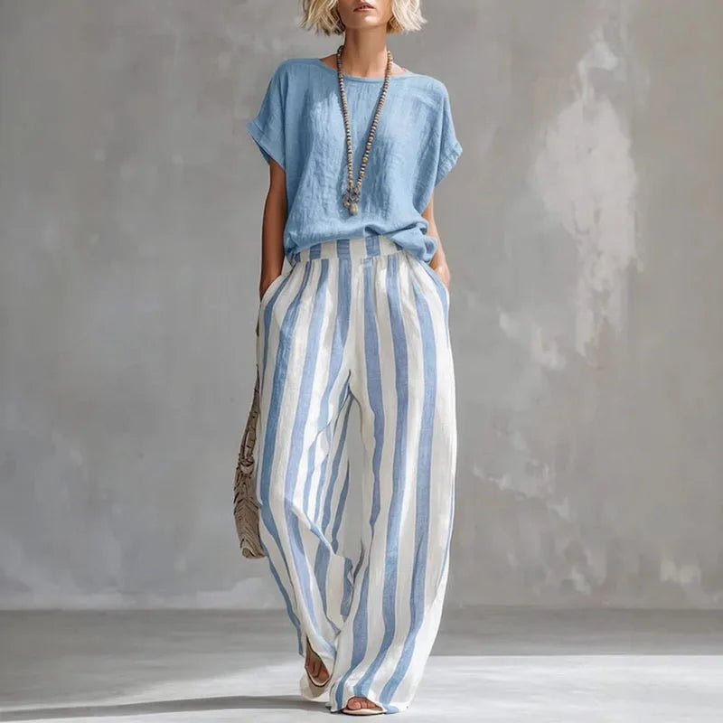 Camille | Linen Blend Short Sleeve Top Striped Wide Leg Pants Two Piece Set