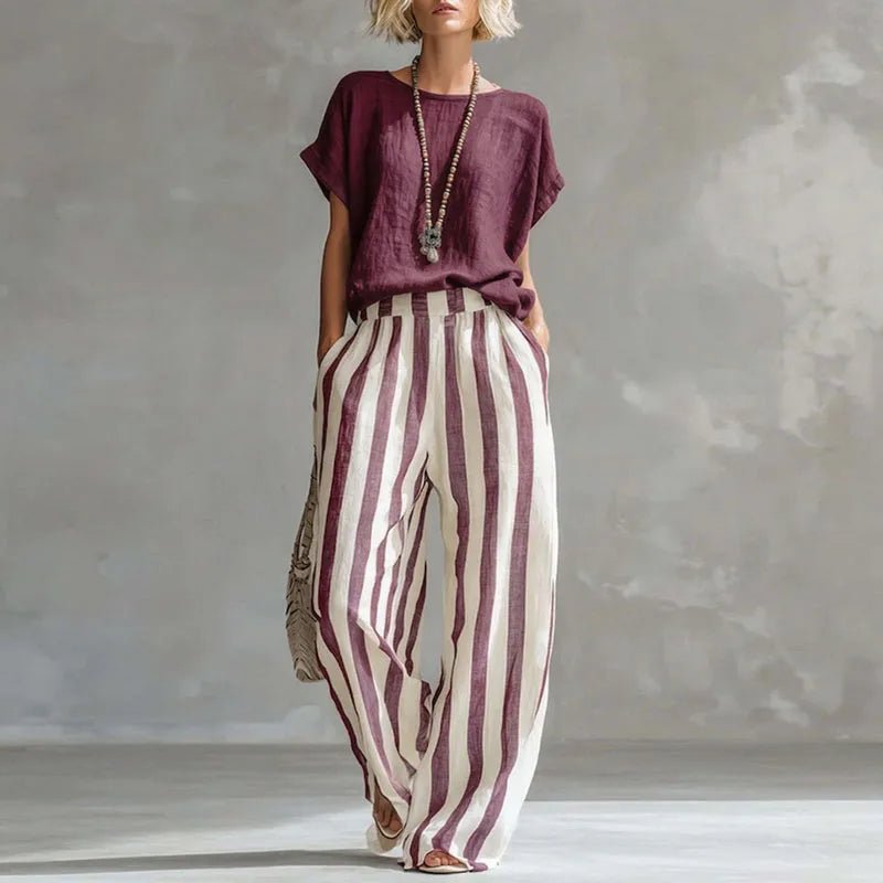 Camille | Linen Blend Short Sleeve Top Striped Wide Leg Pants Two Piece Set