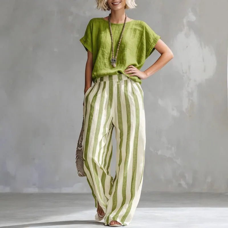Camille | Linen Blend Short Sleeve Top Striped Wide Leg Pants Two Piece Set