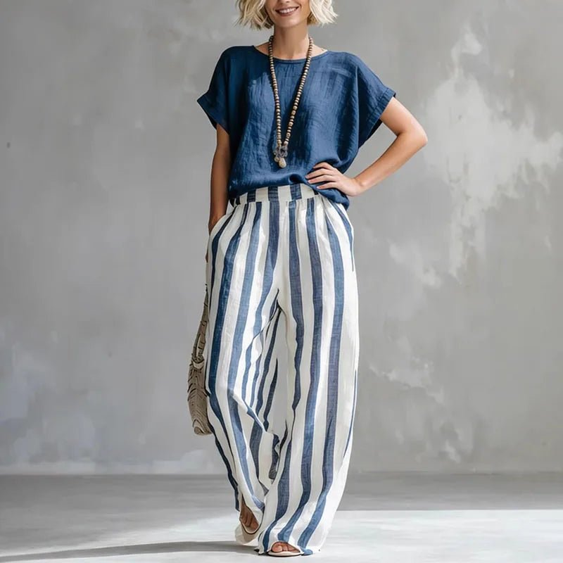 Camille | Linen Blend Short Sleeve Top Striped Wide Leg Pants Two Piece Set