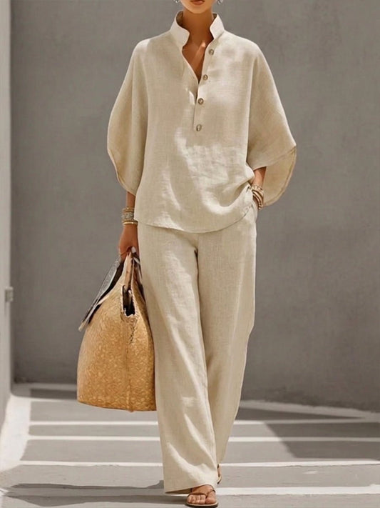 Madison | Linen Blend Batwing Sleeve Wide Leg Two Piece Set