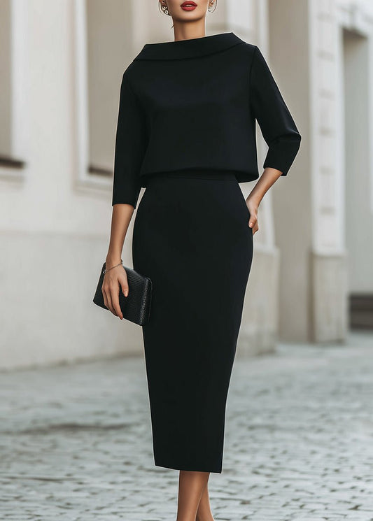 Evelyn | Elegant Boat Neck 3/4 Sleeve Bodycon Midi Two Piece Set