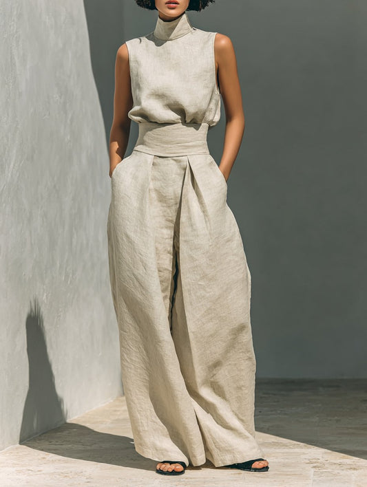 Emma | Turtleneck Sleeveless Top Wide Leg Pants Linen Blend Two Piece Set
