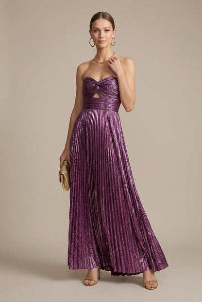 Stella | Metallic Pleated Strapless Twist Detail Maxi Dress