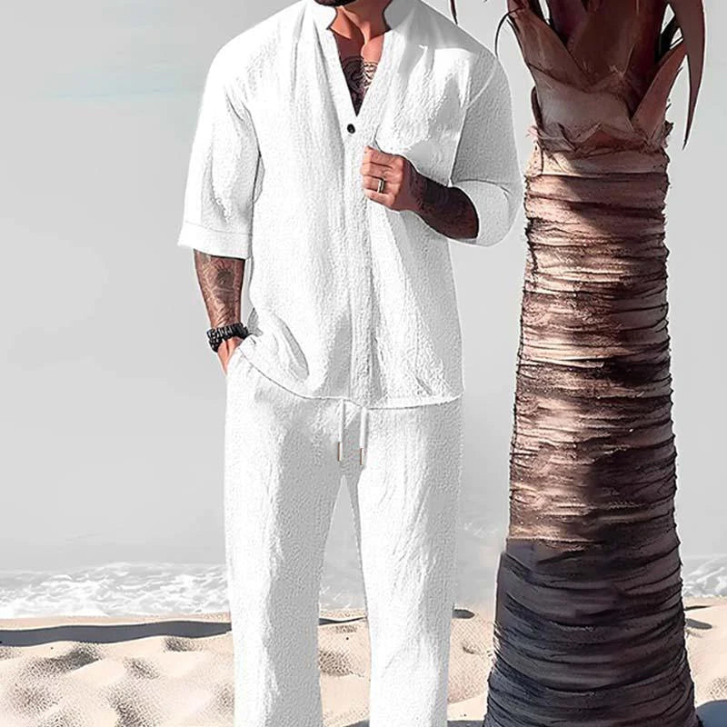 Dorian | V Neck 3/4 Sleeve Drawstring Pants Linen Blend Two Piece Set