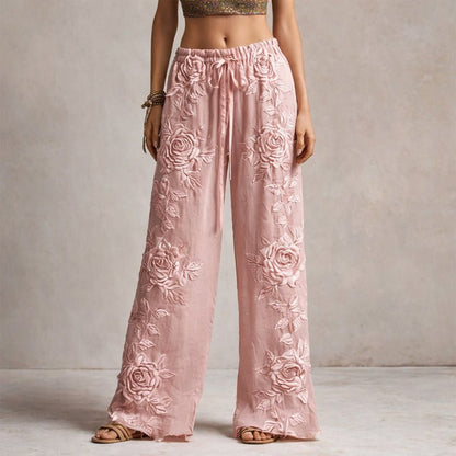 Rosie | Floral Embroidered Elastic Waist Wide Leg Casual Pants
