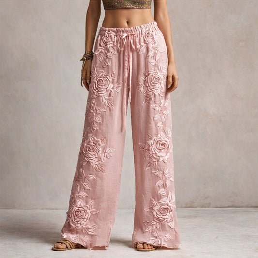 Rosie | Floral Embroidered Elastic Waist Wide Leg Casual Pants