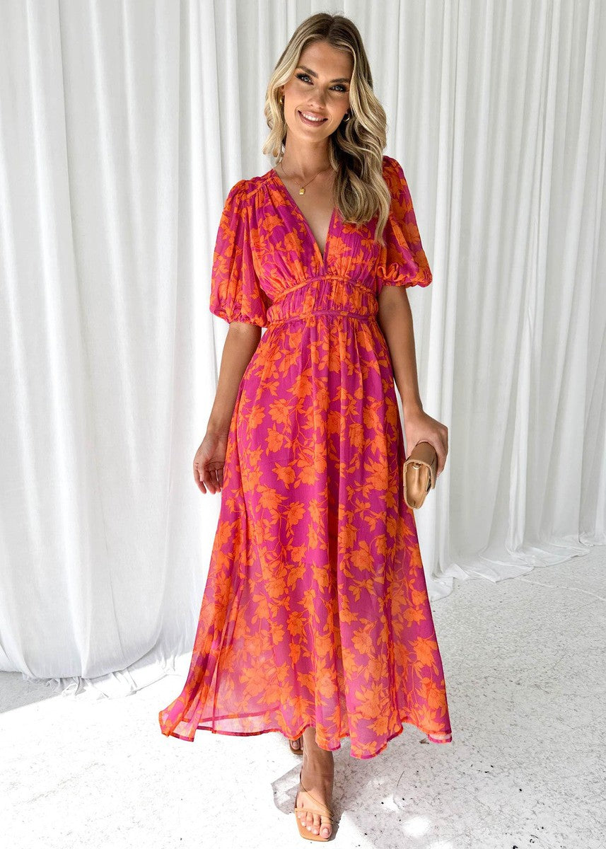 Isabella | Floral Puff Sleeve Deep V Neck Maxi Summer Wedding Guest Dress