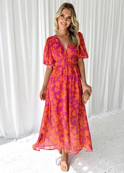 Isabella | Floral Puff Sleeve Deep V Neck Maxi Summer Wedding Guest Dress