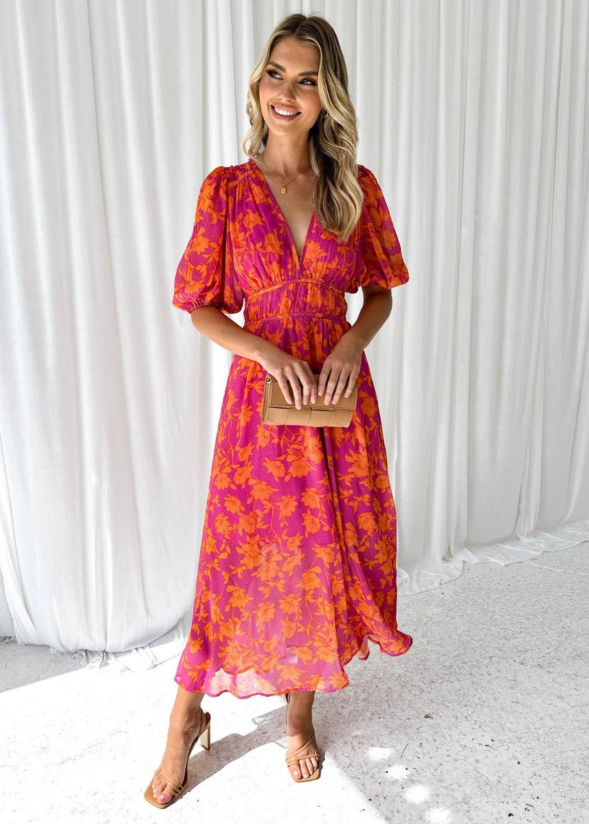 Isabella | Floral Puff Sleeve Deep V Neck Maxi Summer Wedding Guest Dress