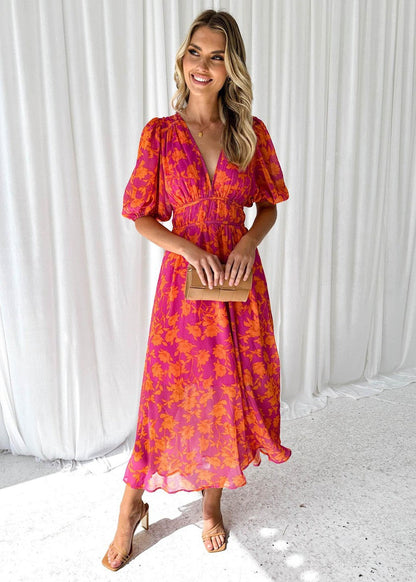 Isabella | Floral Puff Sleeve Deep V Neck Maxi Summer Wedding Guest Dress