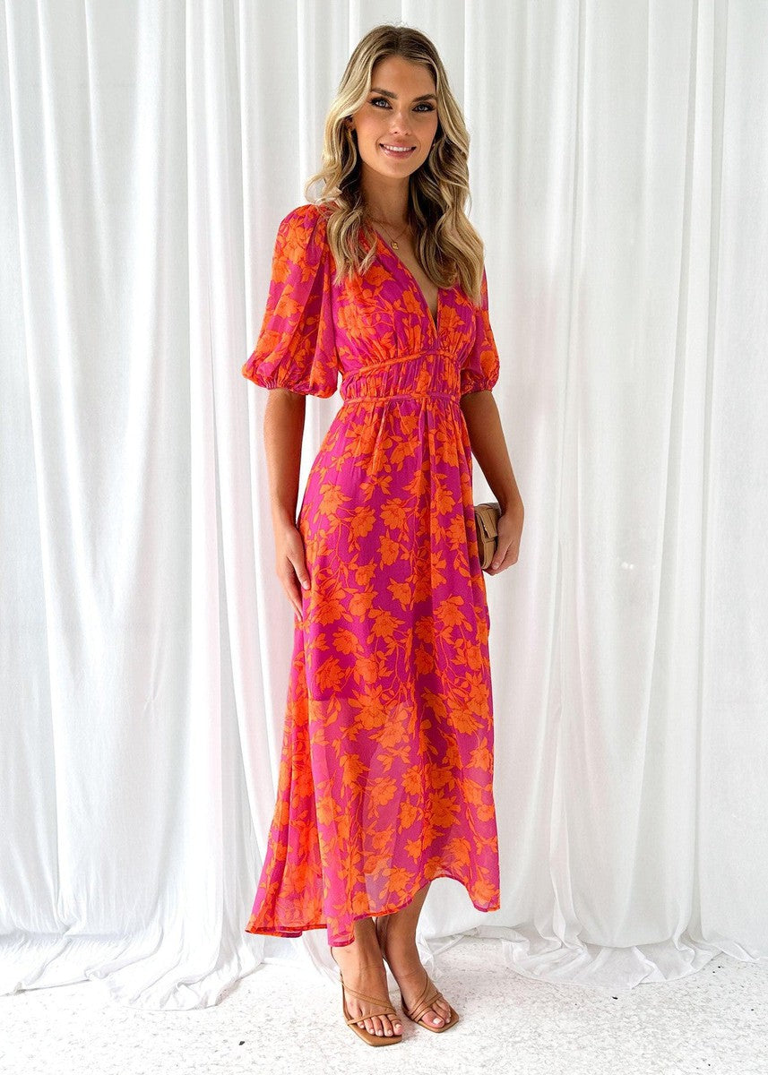Isabella | Floral Puff Sleeve Deep V Neck Maxi Summer Wedding Guest Dress