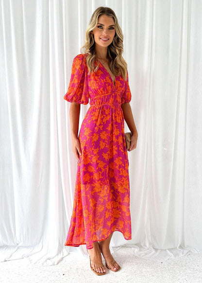 Isabella | Floral Puff Sleeve Deep V Neck Maxi Summer Wedding Guest Dress