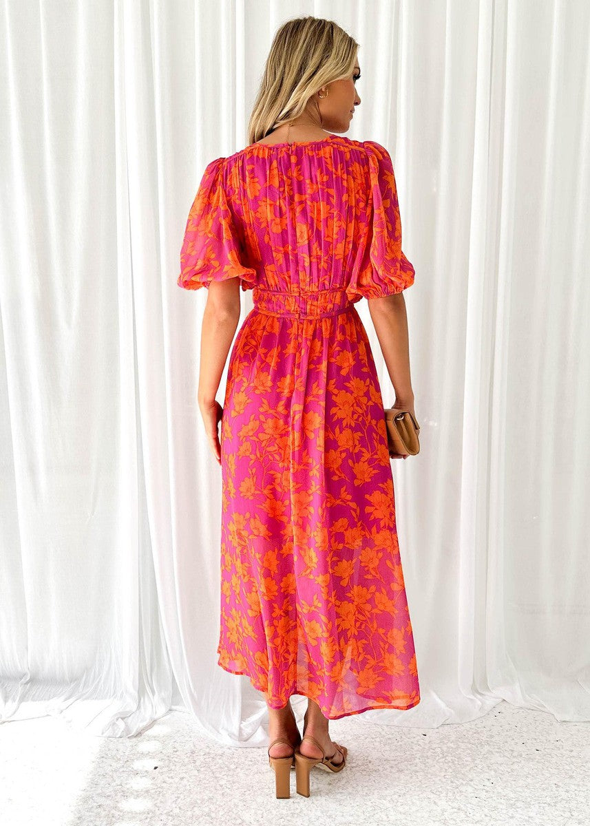 Isabella | Floral Puff Sleeve Deep V Neck Maxi Summer Wedding Guest Dress