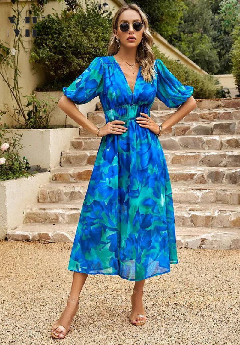 Jasmine | Floral V Neck Puff Sleeve Flowing Midi Wedding Guest Dress