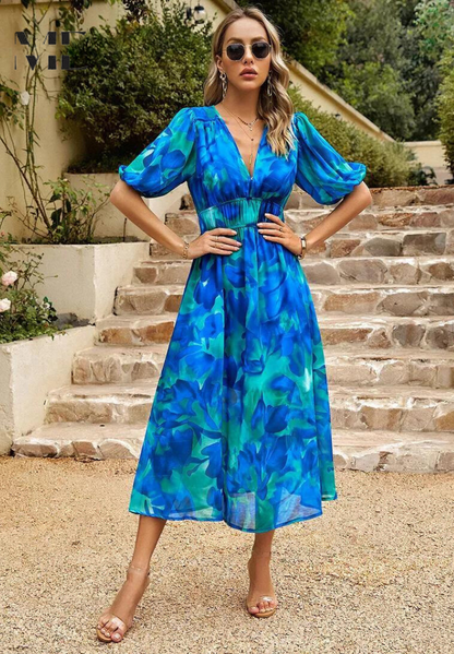 Jasmine | Floral V Neck Puff Sleeve Flowing Midi Wedding Guest Dress