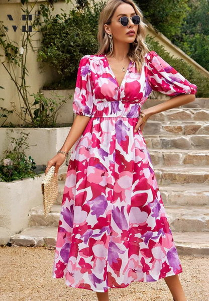 Jasmine | Floral V Neck Puff Sleeve Flowing Midi Wedding Guest Dress