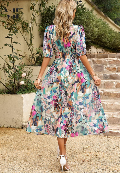 Jasmine | Floral V Neck Puff Sleeve Flowing Midi Wedding Guest Dress