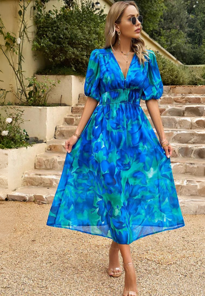 Jasmine | Floral V Neck Puff Sleeve Flowing Midi Wedding Guest Dress