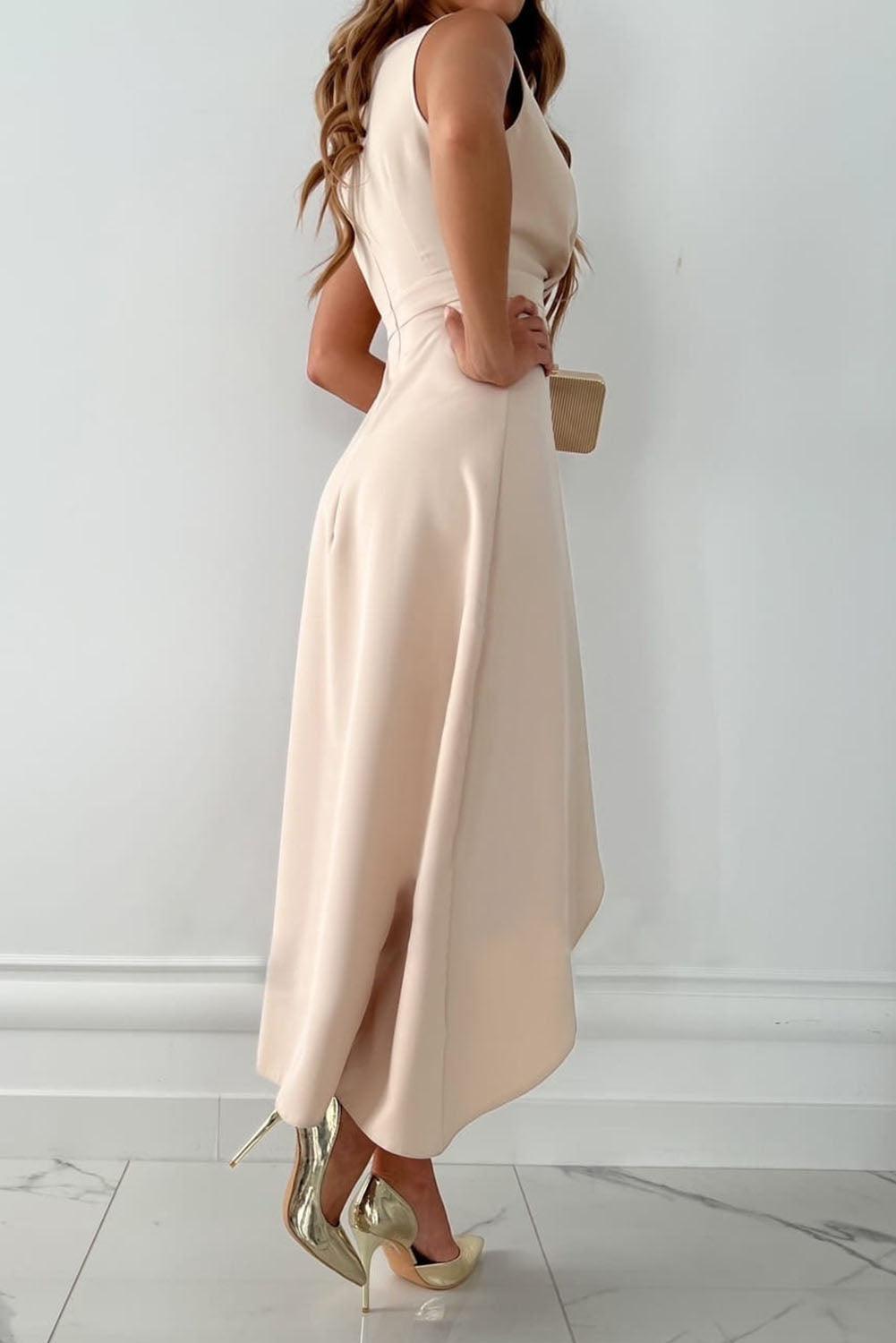 Hailey | Sleeveless Wrap Style Asymmetric Hem Draped Midi Wedding Guest Dress