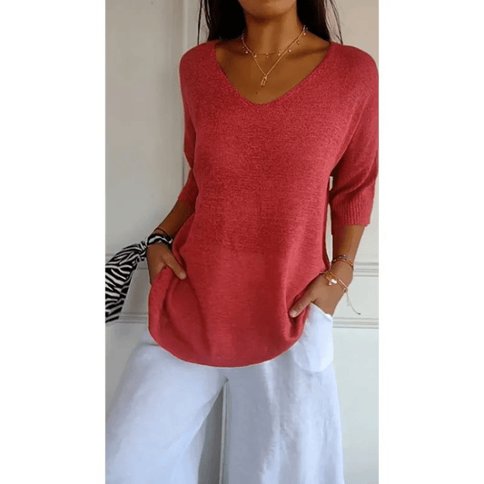Fiona | V Neck 3/4 Sleeve Relaxed Casual Top