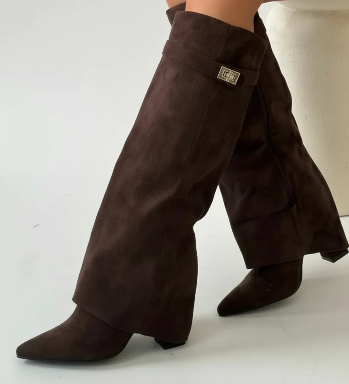 Sévrine | Women's Suede Slouch Fold-Over Pointed Toe Knee-High Boot