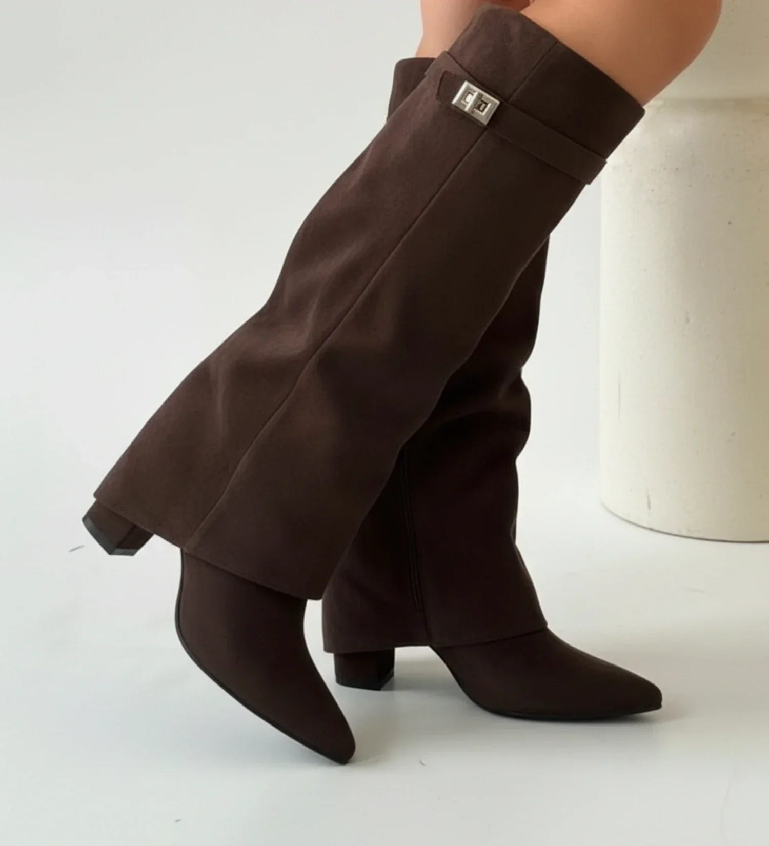 Sévrine | Women's Suede Slouch Fold-Over Pointed Toe Knee-High Boot