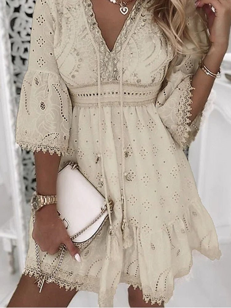 Scarlett | Eyelet Lace V Neck Bell Sleeve Boho Mini Summer Dress
