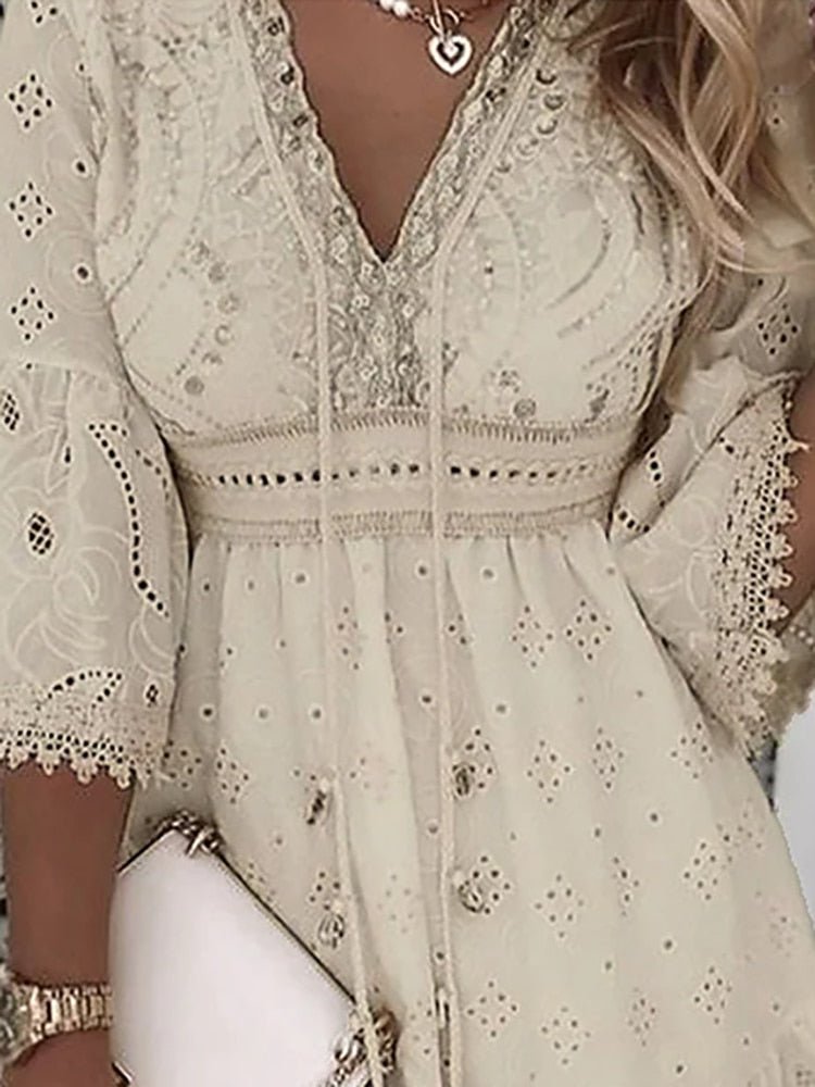 Scarlett | Eyelet Lace V Neck Bell Sleeve Boho Mini Summer Dress