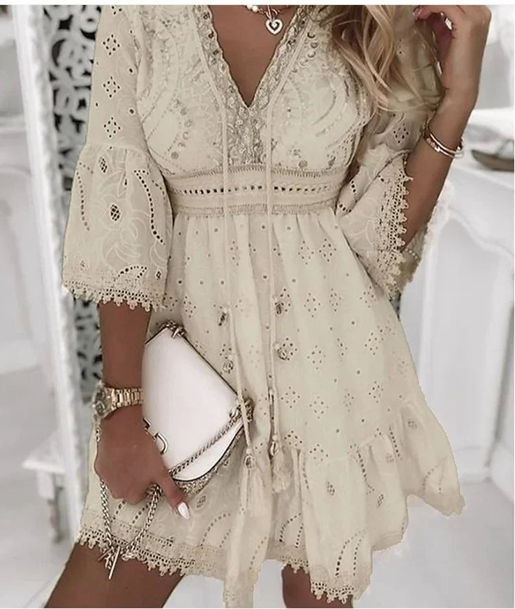Scarlett | Eyelet Lace V Neck Bell Sleeve Boho Mini Summer Dress
