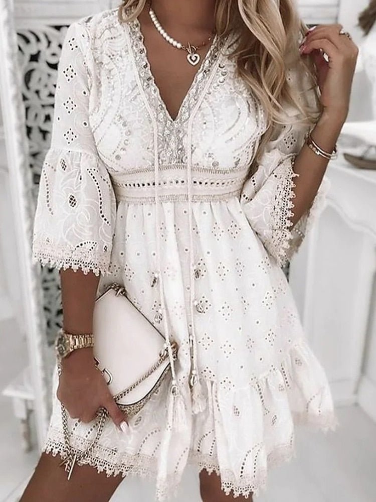 Scarlett | Eyelet Lace V Neck Bell Sleeve Boho Mini Summer Dress
