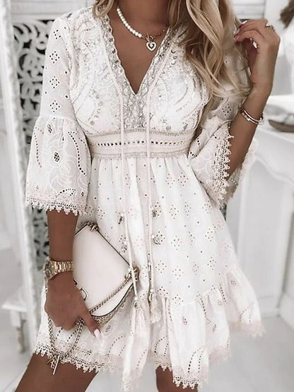 Scarlett | Eyelet Lace V Neck Bell Sleeve Boho Mini Summer Dress