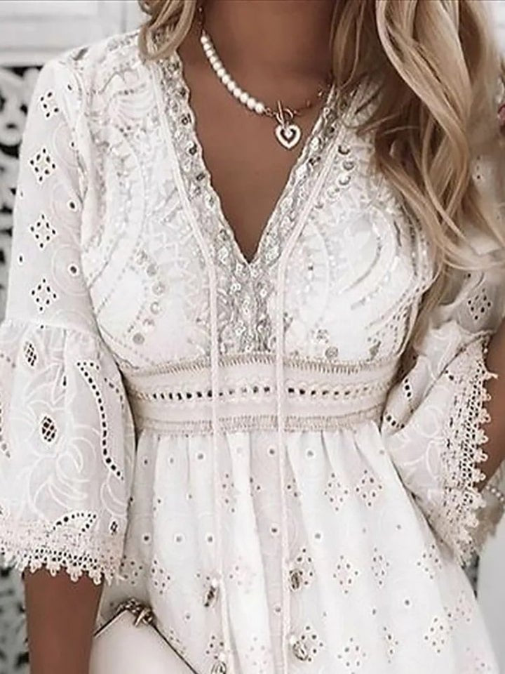 Scarlett | Eyelet Lace V Neck Bell Sleeve Boho Mini Summer Dress