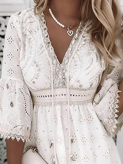 Scarlett | Eyelet Lace V Neck Bell Sleeve Boho Mini Summer Dress