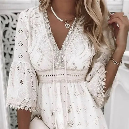 Scarlett | Eyelet Lace V Neck Bell Sleeve Boho Mini Summer Dress