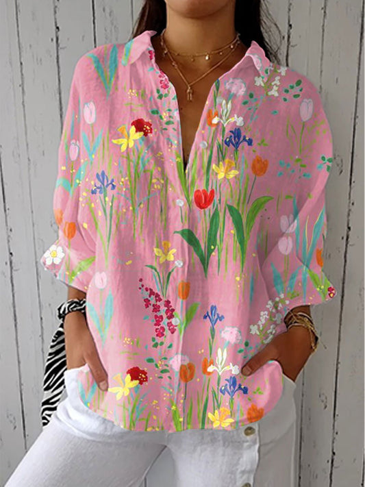 Luna | Garden Floral Print Lapel Collar Button Down Long Sleeve Blouse