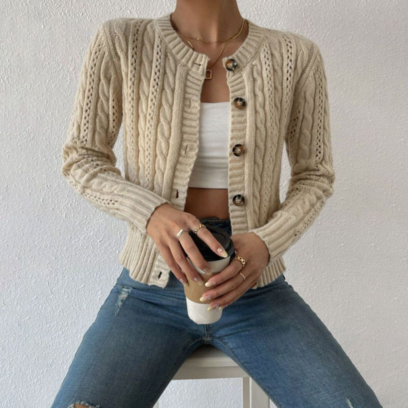 Seraphine | Women's Cable Knit Button-Front Cropped Cardigan Sweater