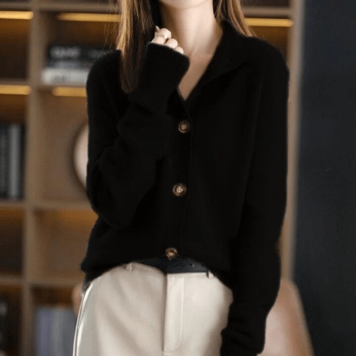 Rosalind | Women's Cashmere Blend Button-Front Mock Neck Knit Cardigan