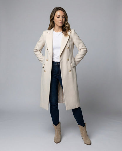 Elowra | Women's Double-Breasted Tailored Long-Sleeve Midi Overcoat