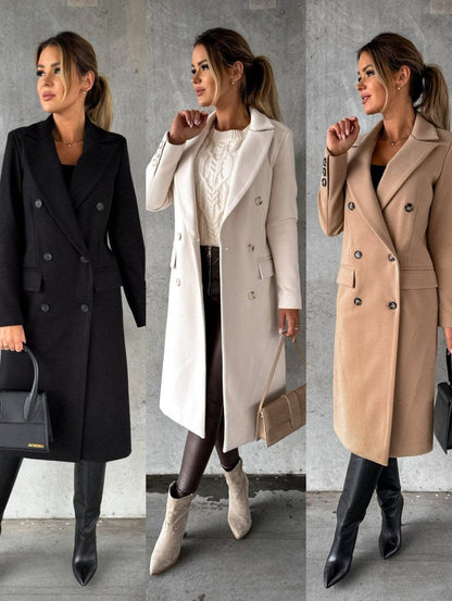 Elowra | Women's Double-Breasted Tailored Long-Sleeve Midi Overcoat