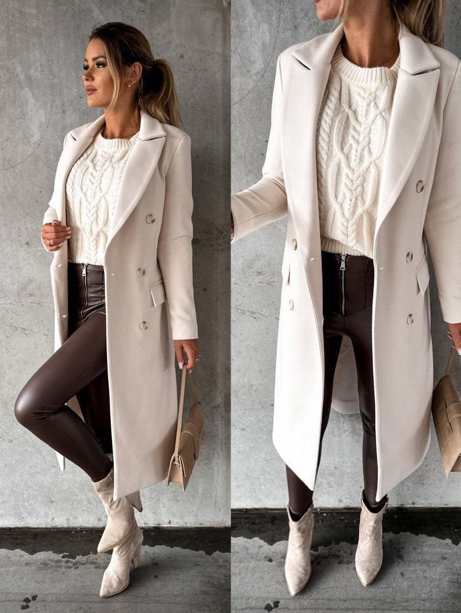 Elowra | Women's Double-Breasted Tailored Long-Sleeve Midi Overcoat