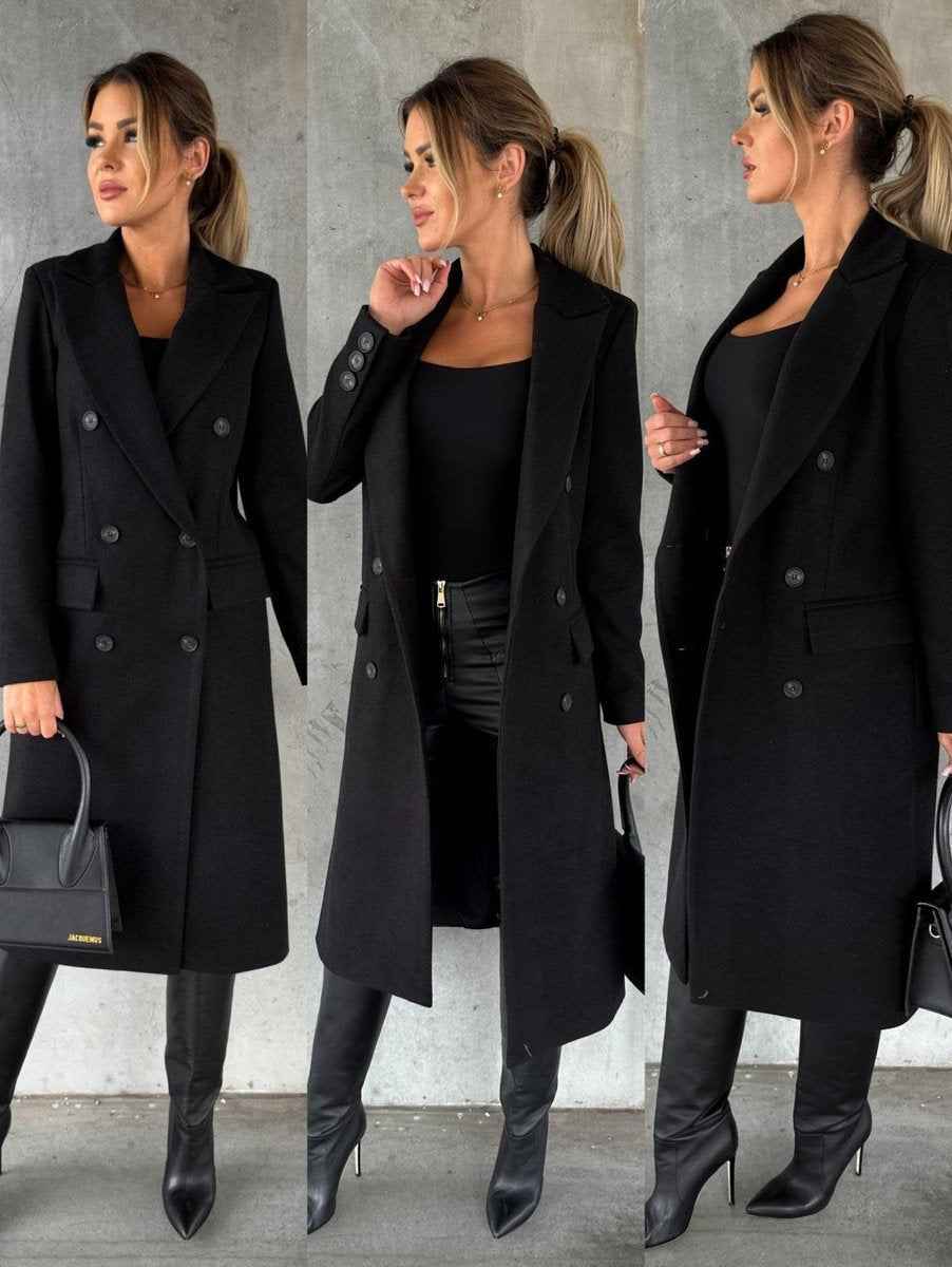 Elowra | Women's Double-Breasted Tailored Long-Sleeve Midi Overcoat
