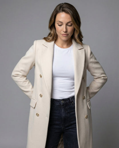 Elowra | Women's Double-Breasted Tailored Long-Sleeve Midi Overcoat