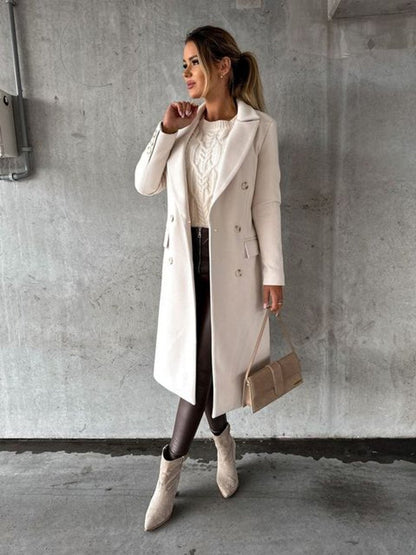 Elowra | Women's Double-Breasted Tailored Long-Sleeve Midi Overcoat