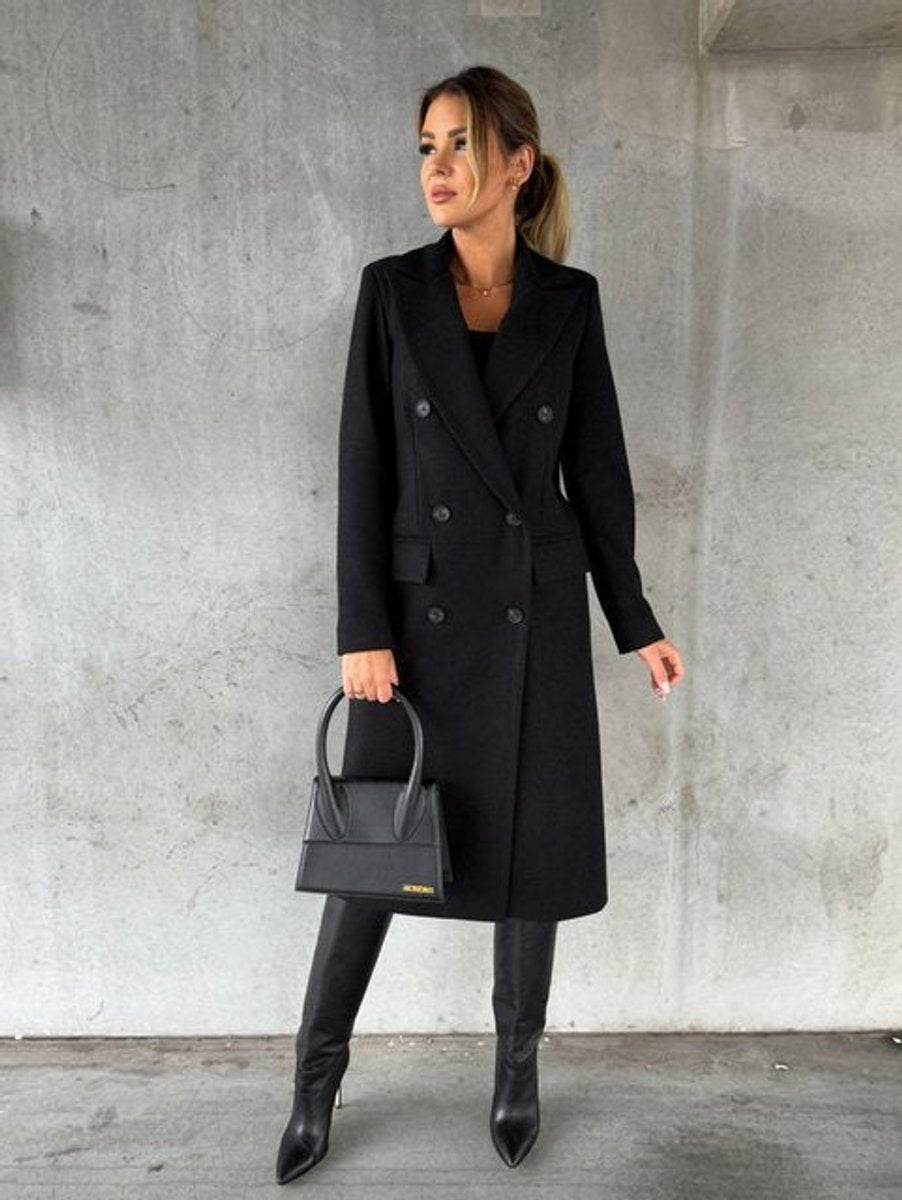 Elowra | Women's Double-Breasted Tailored Long-Sleeve Midi Overcoat