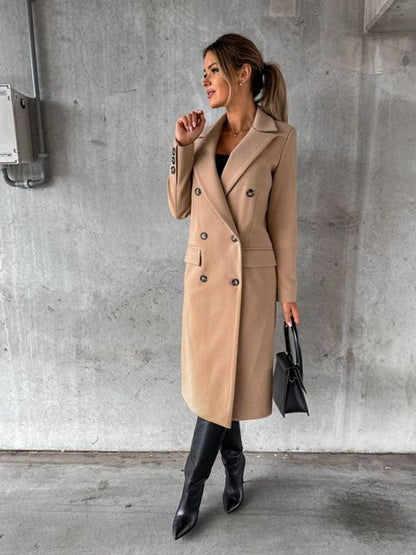 Elowra | Women's Double-Breasted Tailored Long-Sleeve Midi Overcoat